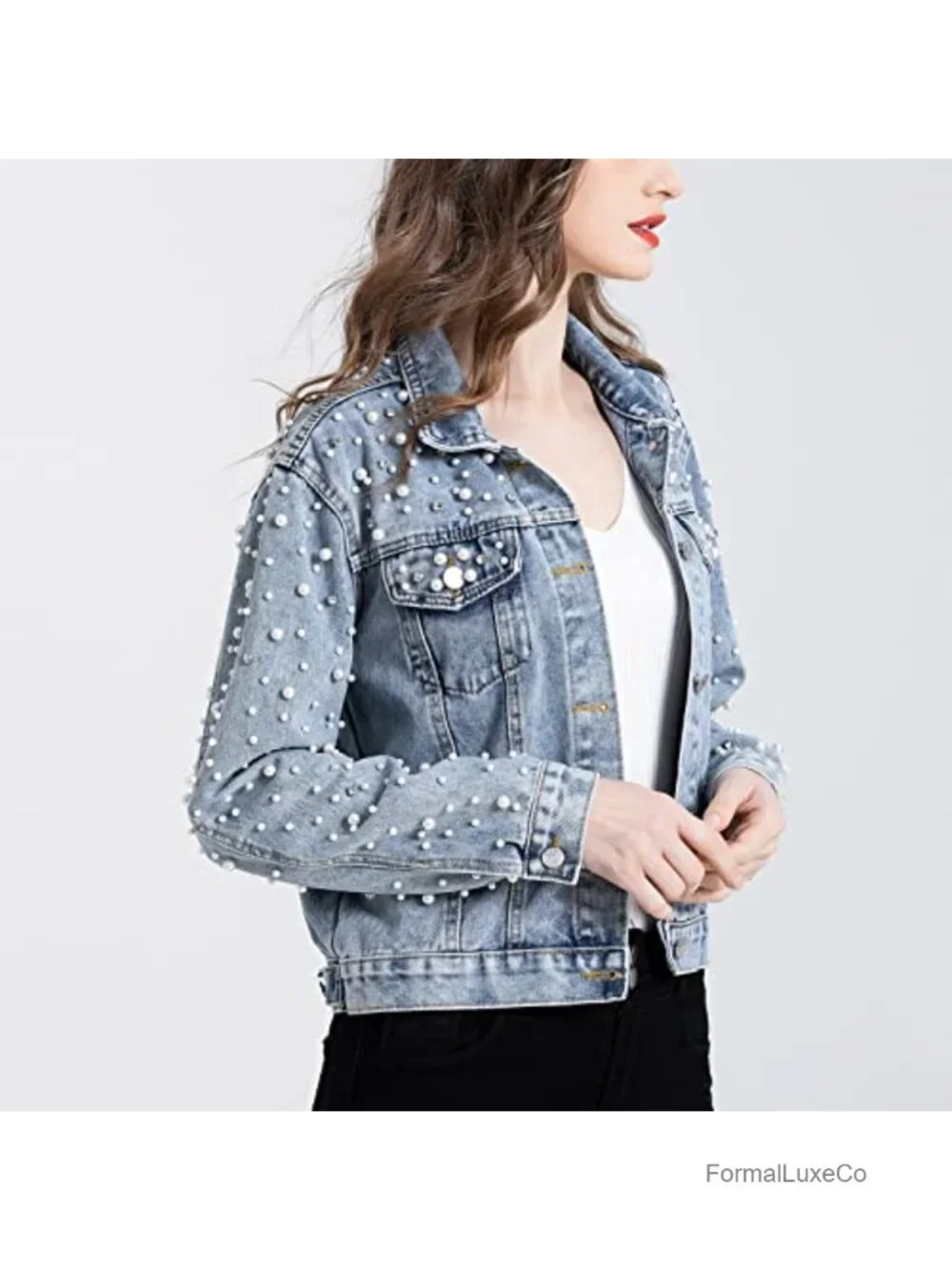 Cropped Denim Jacket Rhinestone Pearl Jean Jacket Coat